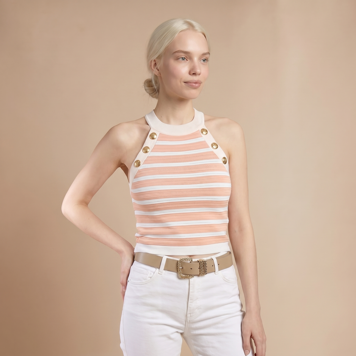 Elise Striped Button Halter Tank Top — Pink