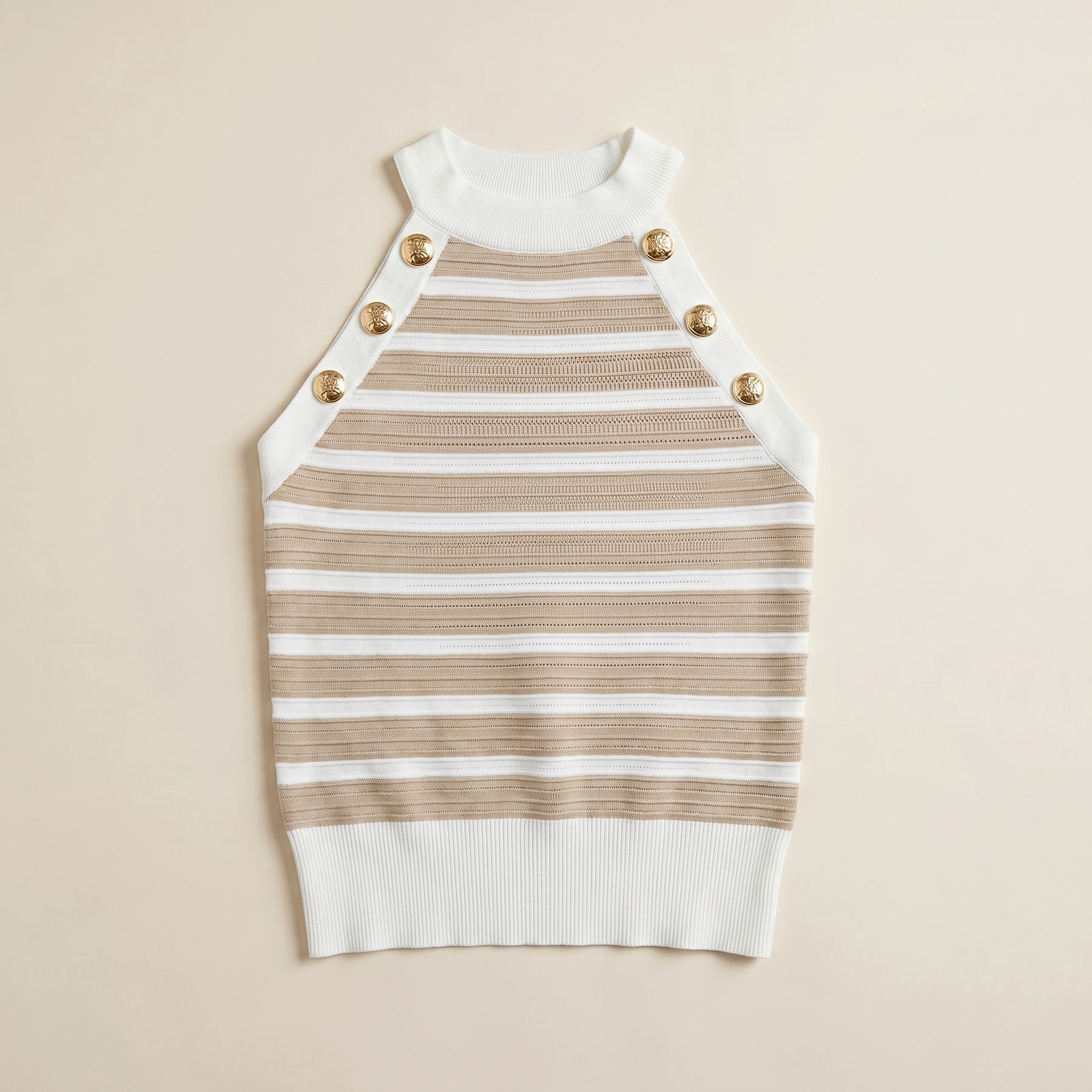 Sunoire striped halter sleeveless tank causal golden button decor breathable knit top garment flatlay 01