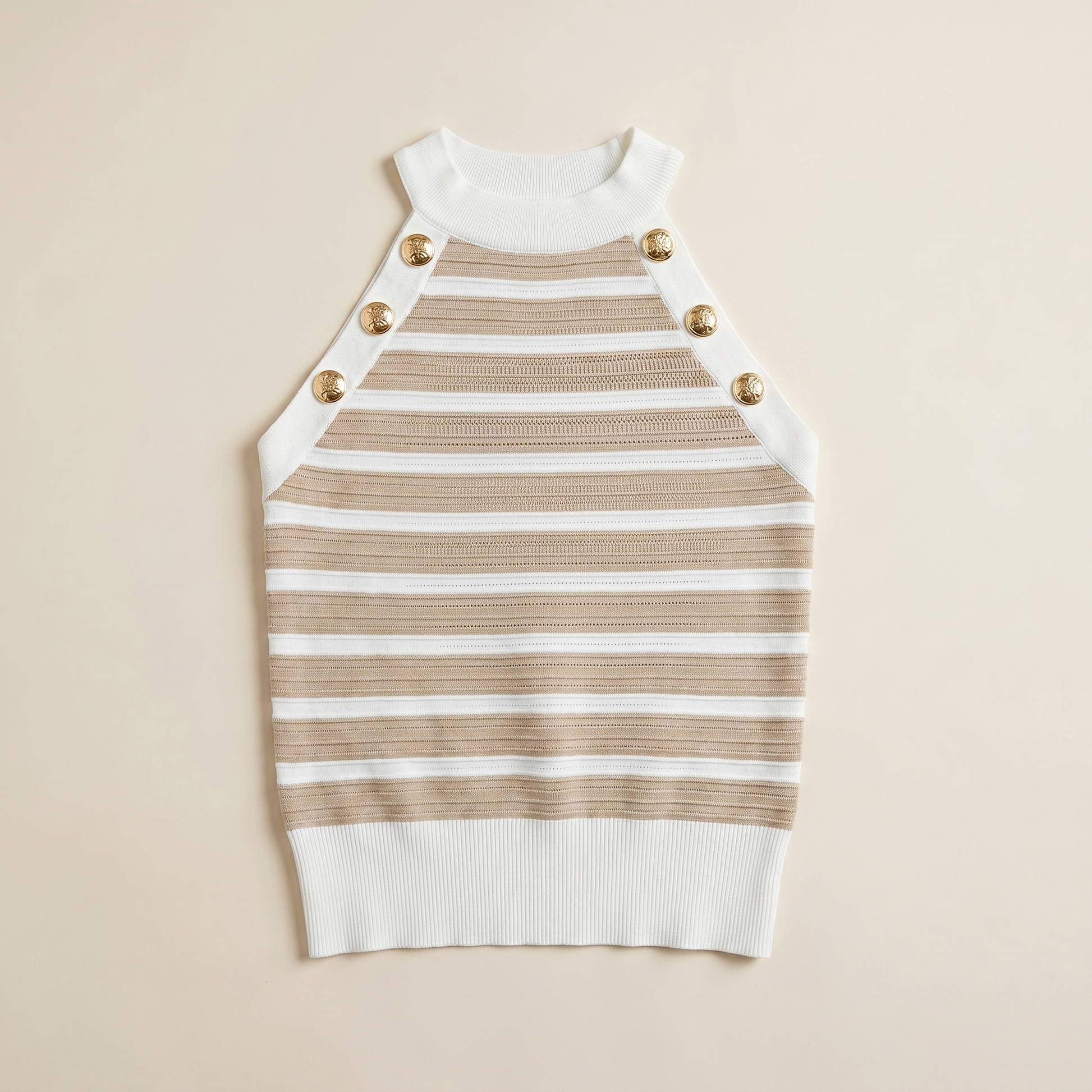 Sunoire striped halter sleeveless tank causal golden button decor breathable knit top garment flatlay 01