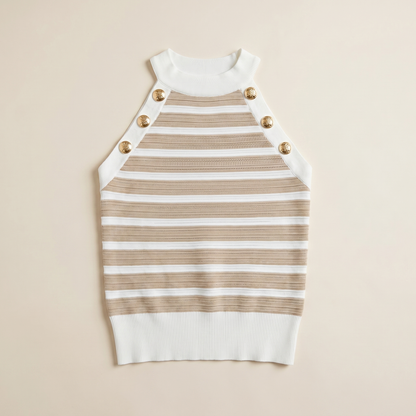 Sunoire striped halter sleeveless tank causal golden button decor breathable knit top garment flatlay 01