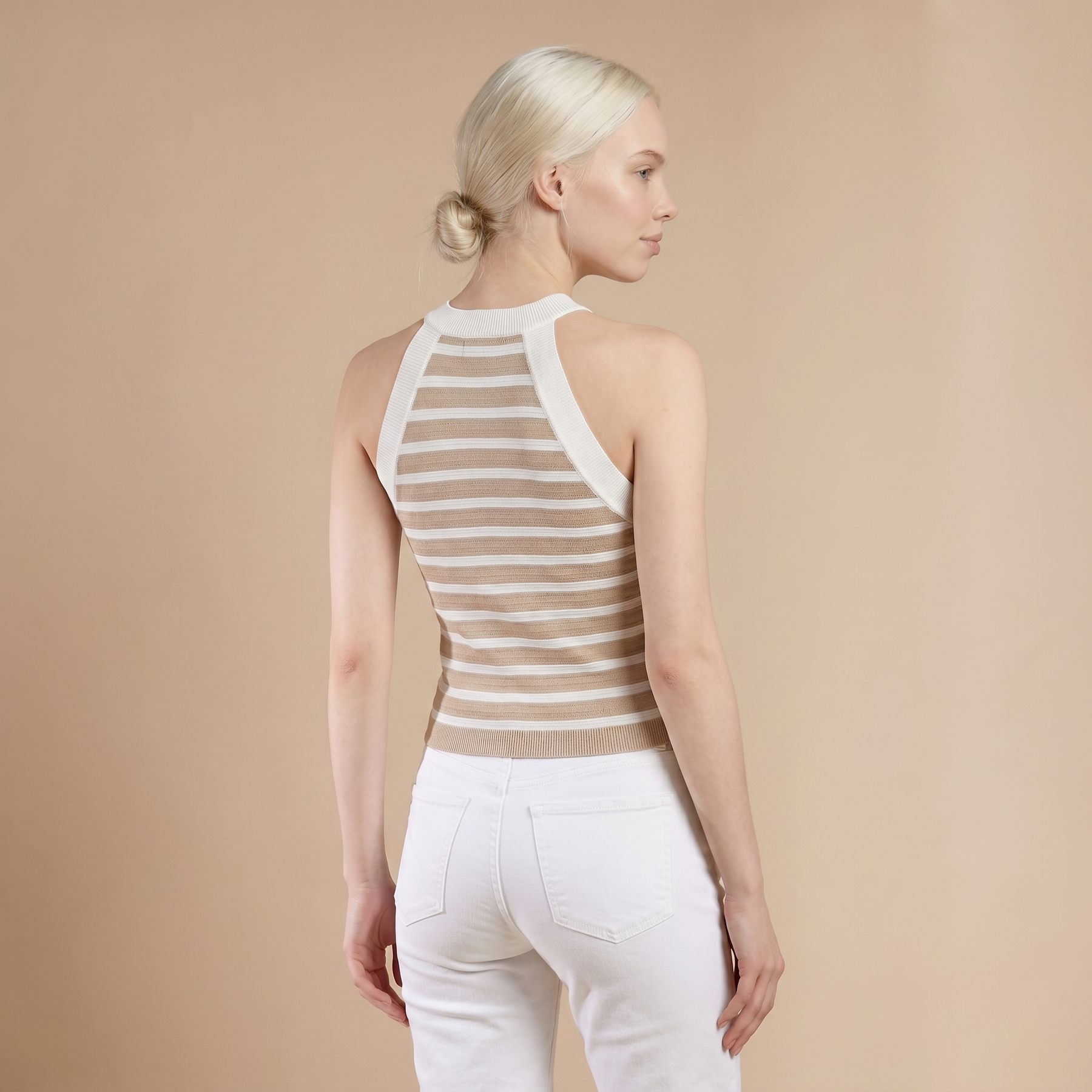 Sunoire striped halter sleeveless tank causal golden button decor breathable knit top top back crop 01