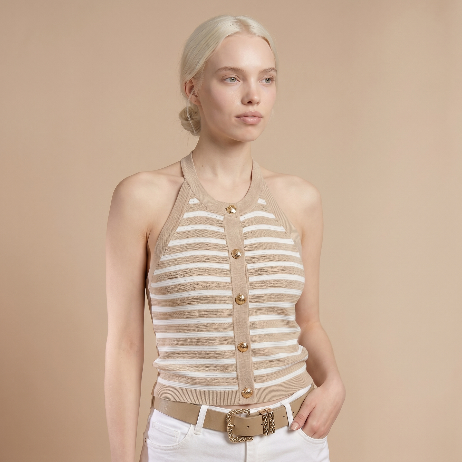 Sunoire striped halter sleeveless tank causal golden button decor breathable knit top top front crop 01