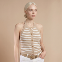Sunoire striped halter sleeveless tank causal golden button decor breathable knit top top front crop 01