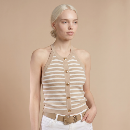 Sunoire striped halter sleeveless tank causal golden button decor breathable knit top top front crop 01
