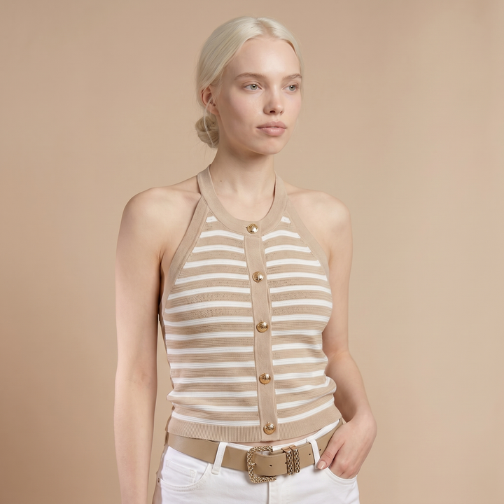 Sunoire striped halter sleeveless tank causal golden button decor breathable knit top top front crop 01
