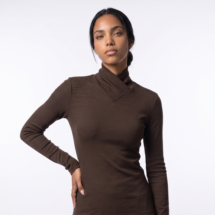 Women's Asymmetric Wrap-Collar Ribbed Knit Top – Ivory Going Out — Coffee