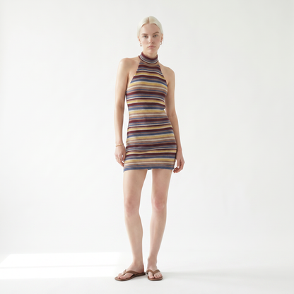 Sunoire summer hot selling sleeveless halter neck striped knitted backless women sexy mini dress colorway brown front hero 01