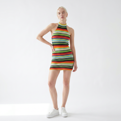 Sunoire summer hot selling sleeveless halter neck striped knitted backless women sexy mini dress colorway green front hero 01