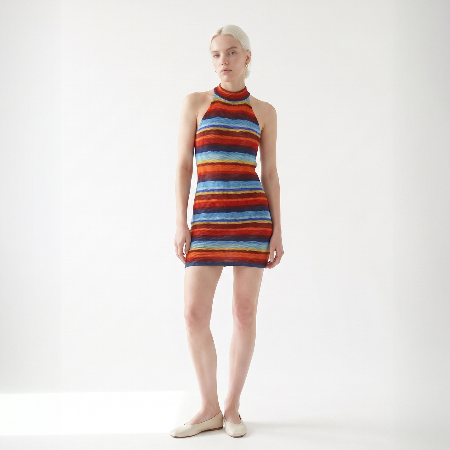 Sunoire summer hot selling sleeveless halter neck striped knitted backless women sexy mini dress colorway red front hero 01