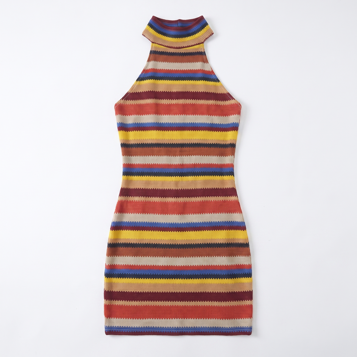 Sunoire summer hot selling sleeveless halter neck striped knitted backless women sexy mini dress garment flatlay 01