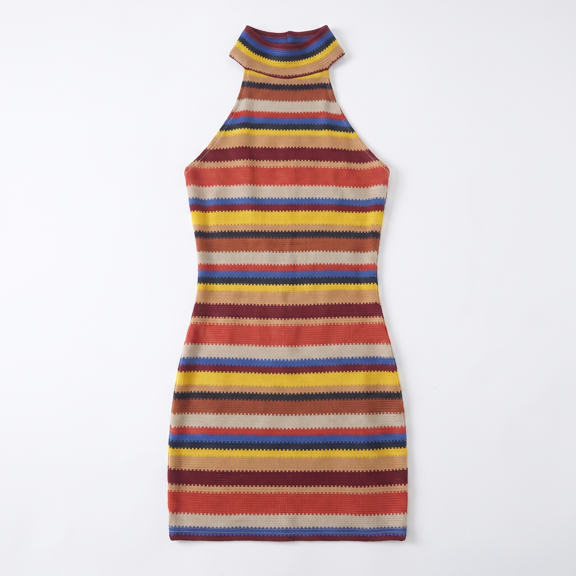 Sunoire summer hot selling sleeveless halter neck striped knitted backless women sexy mini dress garment flatlay 01
