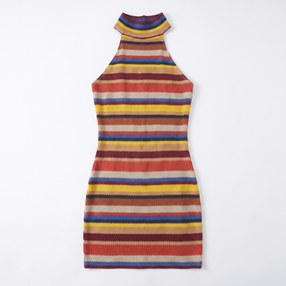 Sunoire summer hot selling sleeveless halter neck striped knitted backless women sexy mini dress garment flatlay 01