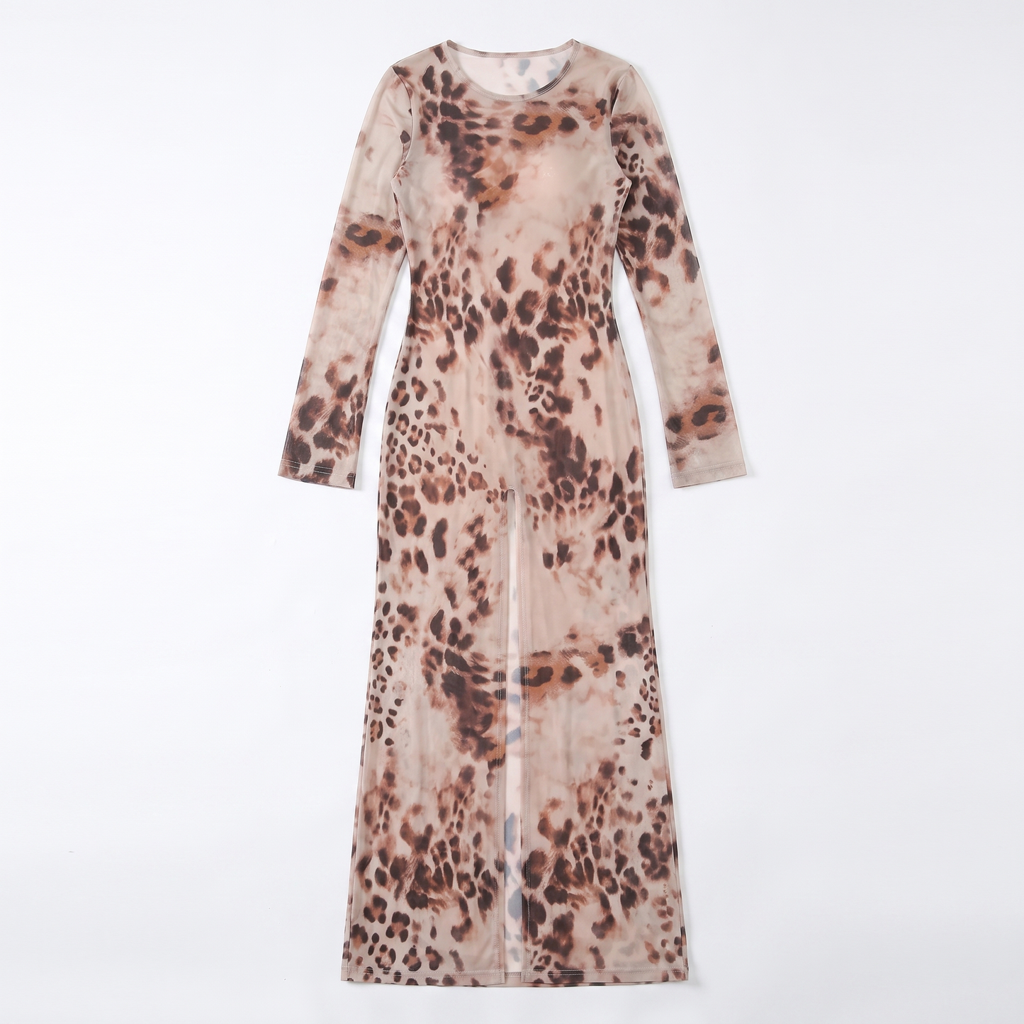 Sunoire summer leopard printed mesh transparent long sleeve o neck sexy wrap women midi dress garment flatlay 01
