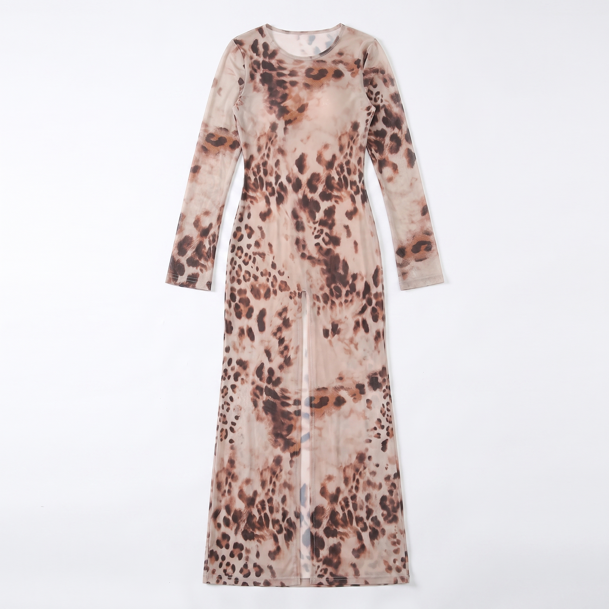 Sunoire summer leopard printed mesh transparent long sleeve o neck sexy wrap women midi dress garment flatlay 01