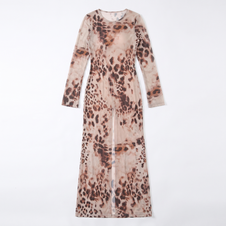 Sunoire summer leopard printed mesh transparent long sleeve o neck sexy wrap women midi dress garment flatlay 01
