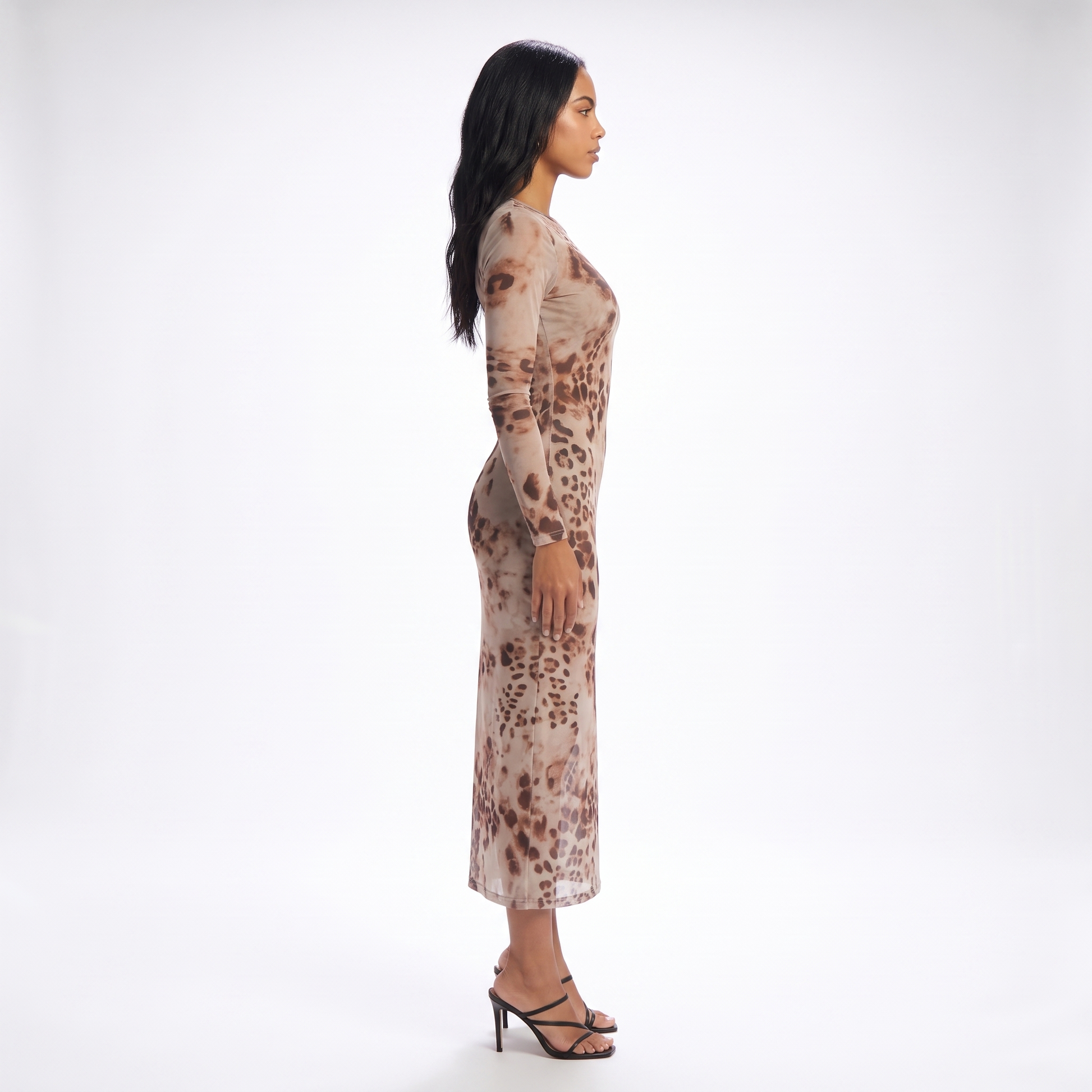 Sunoire summer leopard printed mesh transparent long sleeve o neck sexy wrap women midi dress side view 01