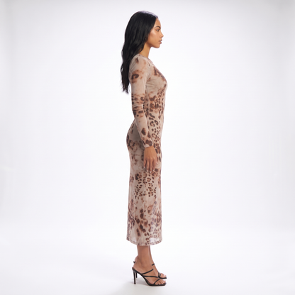 Sunoire summer leopard printed mesh transparent long sleeve o neck sexy wrap women midi dress side view 01