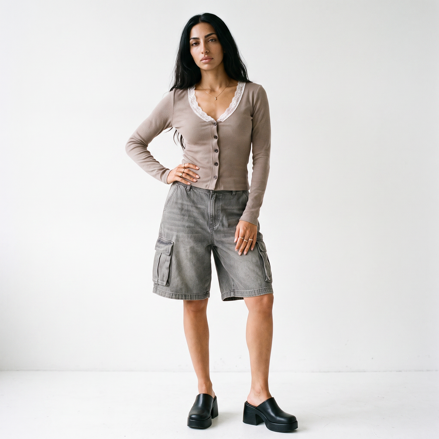 Sunoire summer new arrival lace trim v neck women s top button embellished commute casual t shirt workwear front hero 01