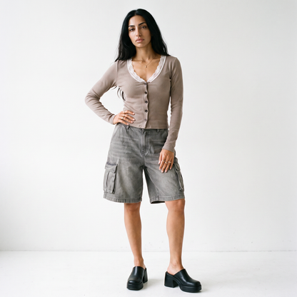 Sunoire summer new arrival lace trim v neck women s top button embellished commute casual t shirt workwear front hero 01