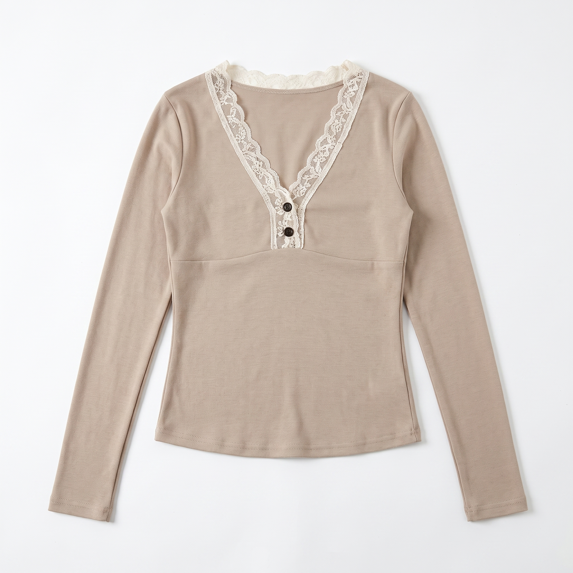Sunoire summer new arrival lace trim v neck women s top button embellished commute casual t shirt workwear garment flatlay 01