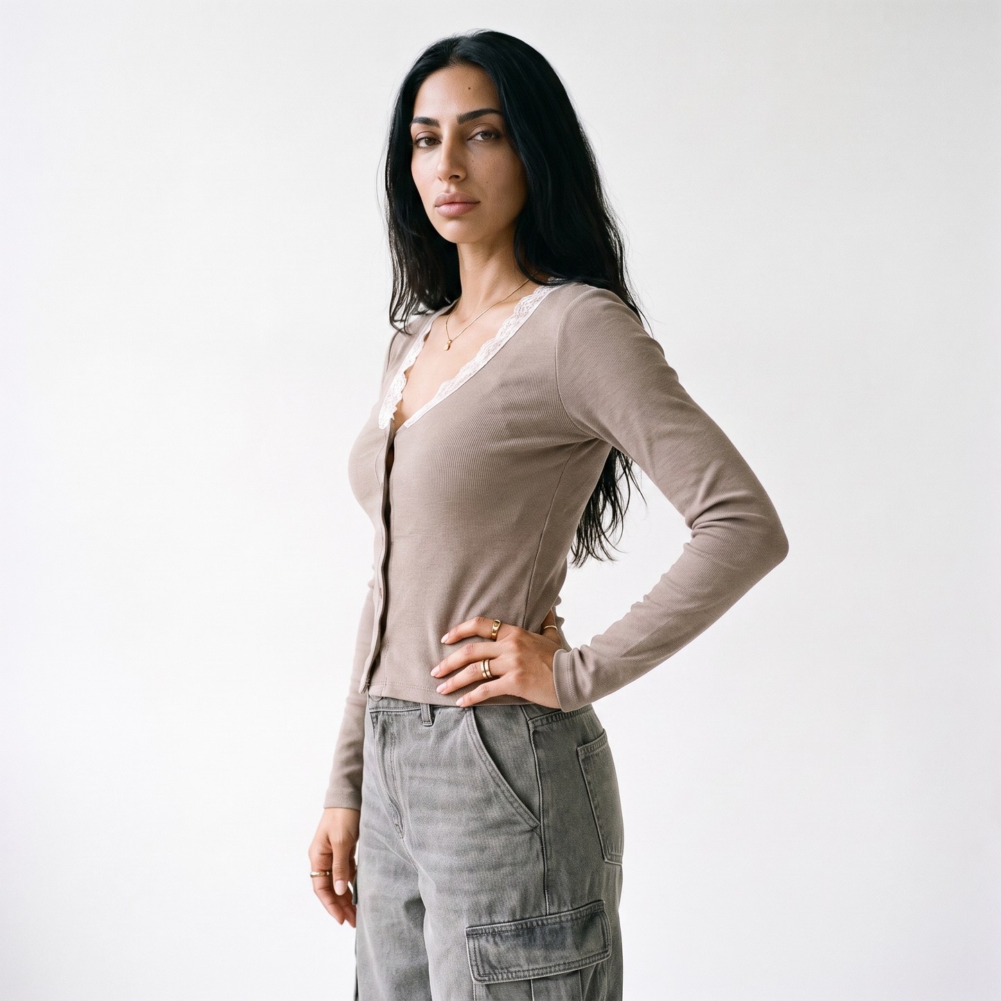 Sunoire summer new arrival lace trim v neck women s top button embellished commute casual t shirt workwear top crop 3q 01