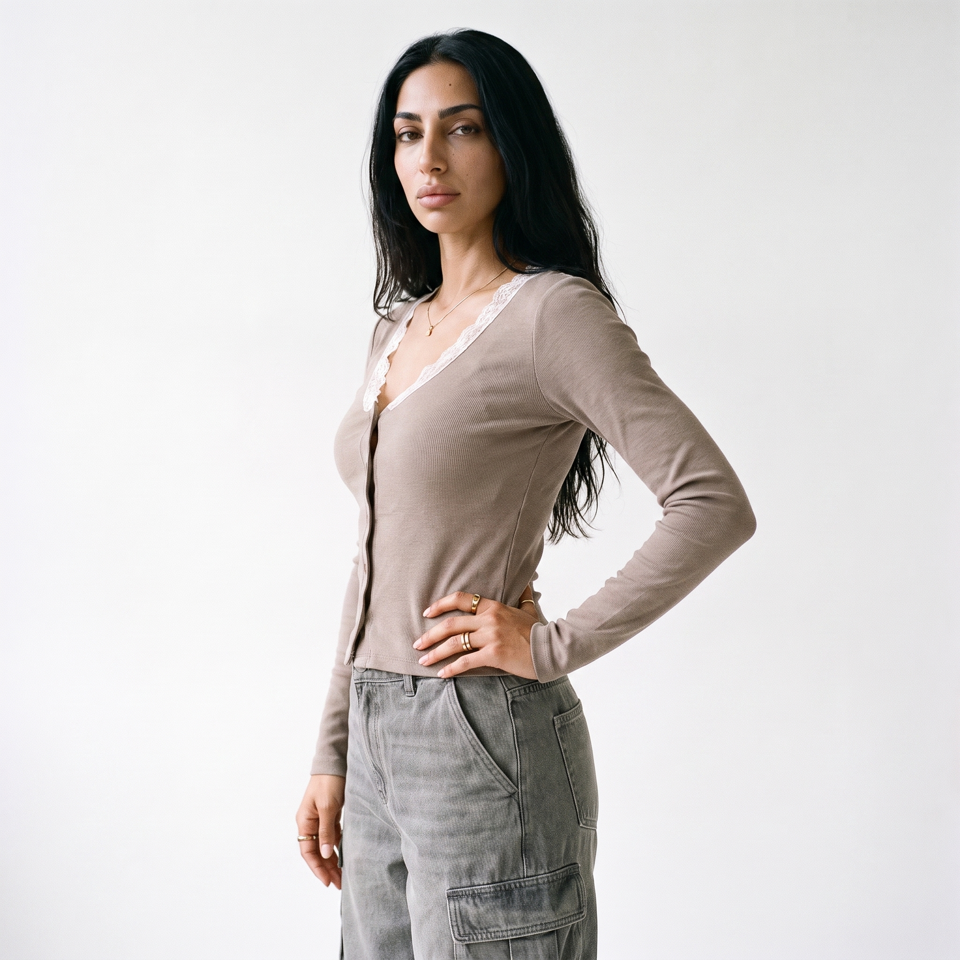 Sunoire summer new arrival lace trim v neck women s top button embellished commute casual t shirt workwear top crop 3q 01