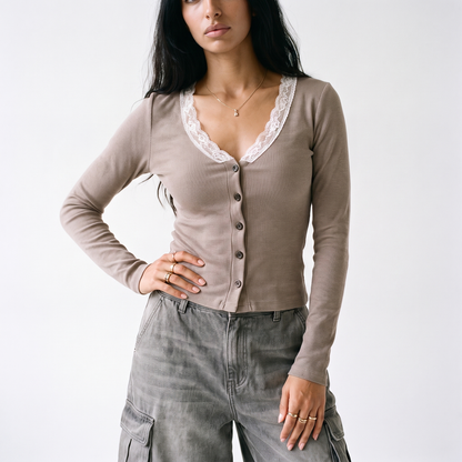 Sunoire summer new arrival lace trim v neck women s top button embellished commute casual t shirt workwear top front crop 01