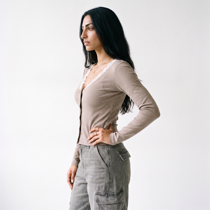 Sunoire summer new arrival lace trim v neck women s top button embellished commute casual t shirt workwear top side crop 01