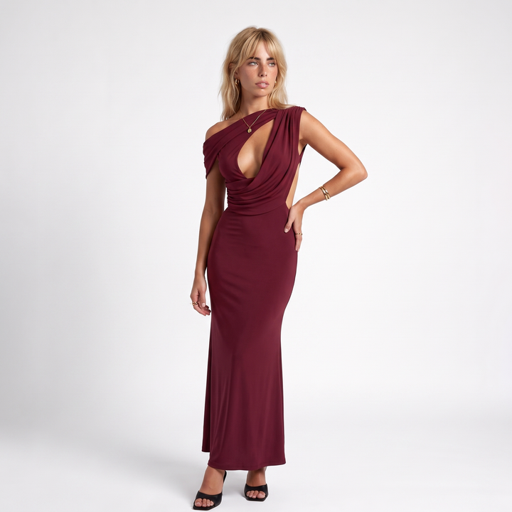 Alessia Coral Cut-Out Dress — Wine Red