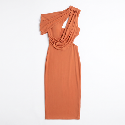 Sunoire summer new solid color casual short sleeved ribbon hollow slim fit maxi women evening party dress garment flatlay 01