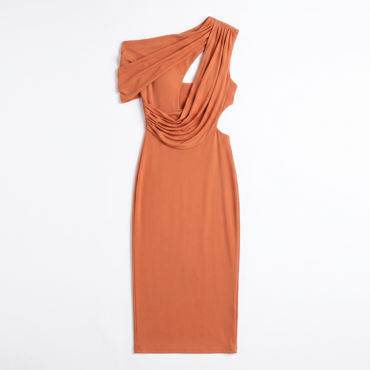 Sunoire summer new solid color casual short sleeved ribbon hollow slim fit maxi women evening party dress garment flatlay 01