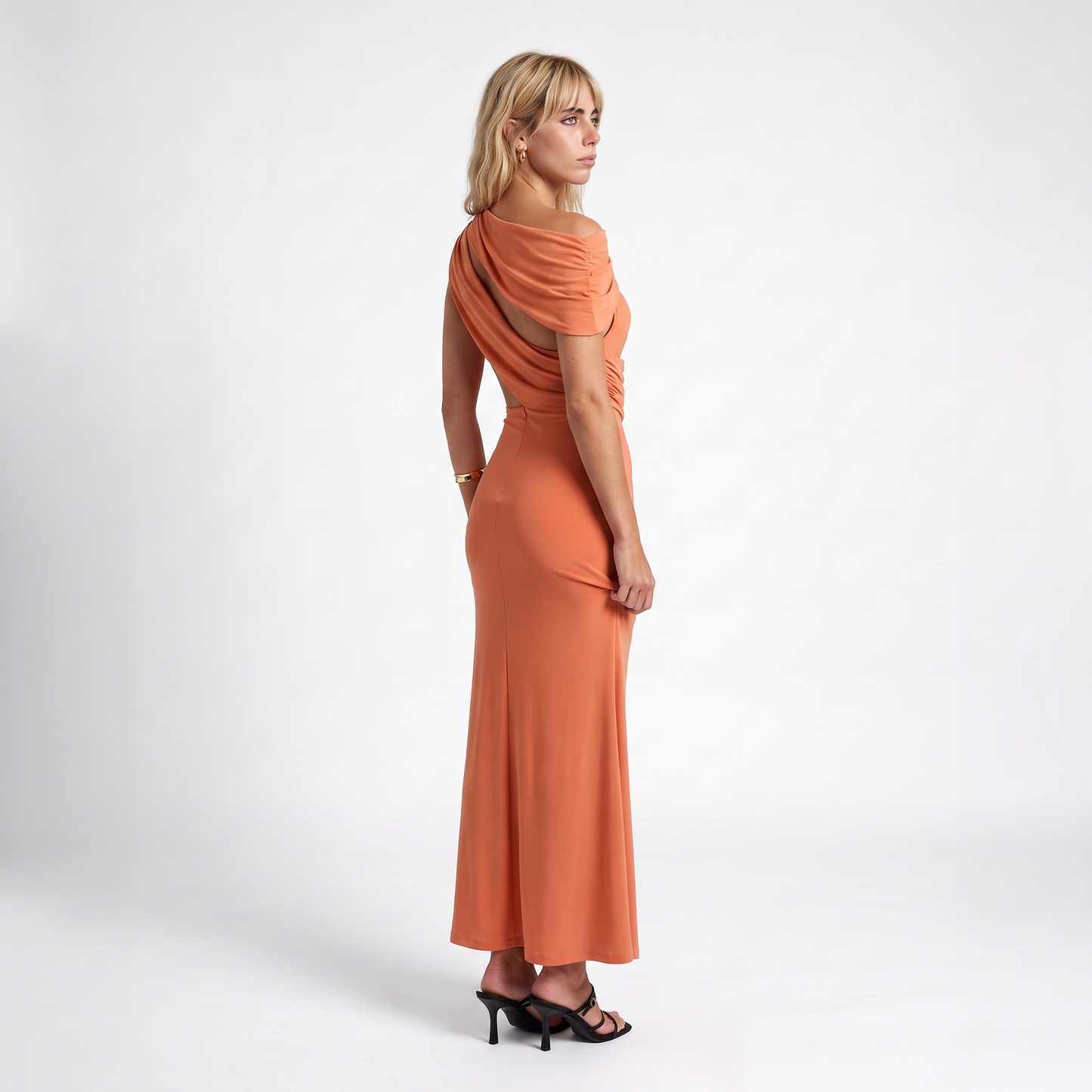 Sunoire summer new solid color casual short sleeved ribbon hollow slim fit maxi women evening party dress three quarter 01