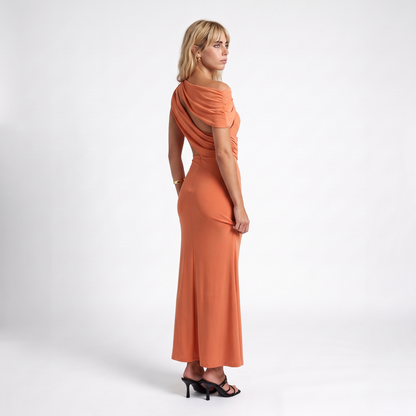 Sunoire summer new solid color casual short sleeved ribbon hollow slim fit maxi women evening party dress three quarter 01