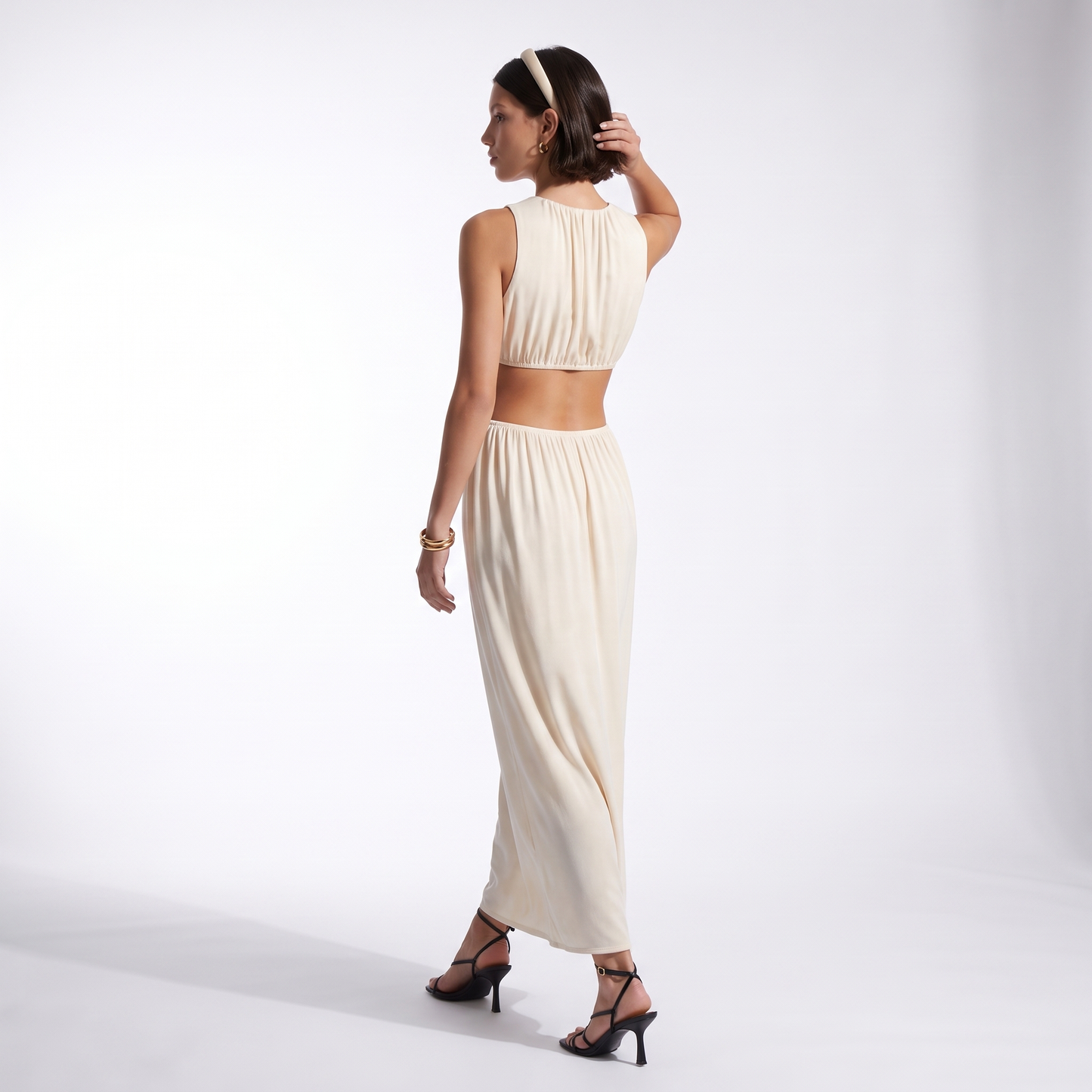 Sunoire summer new women s fashion sexy waist apricot round neck sleeveless solid color dress back view 01