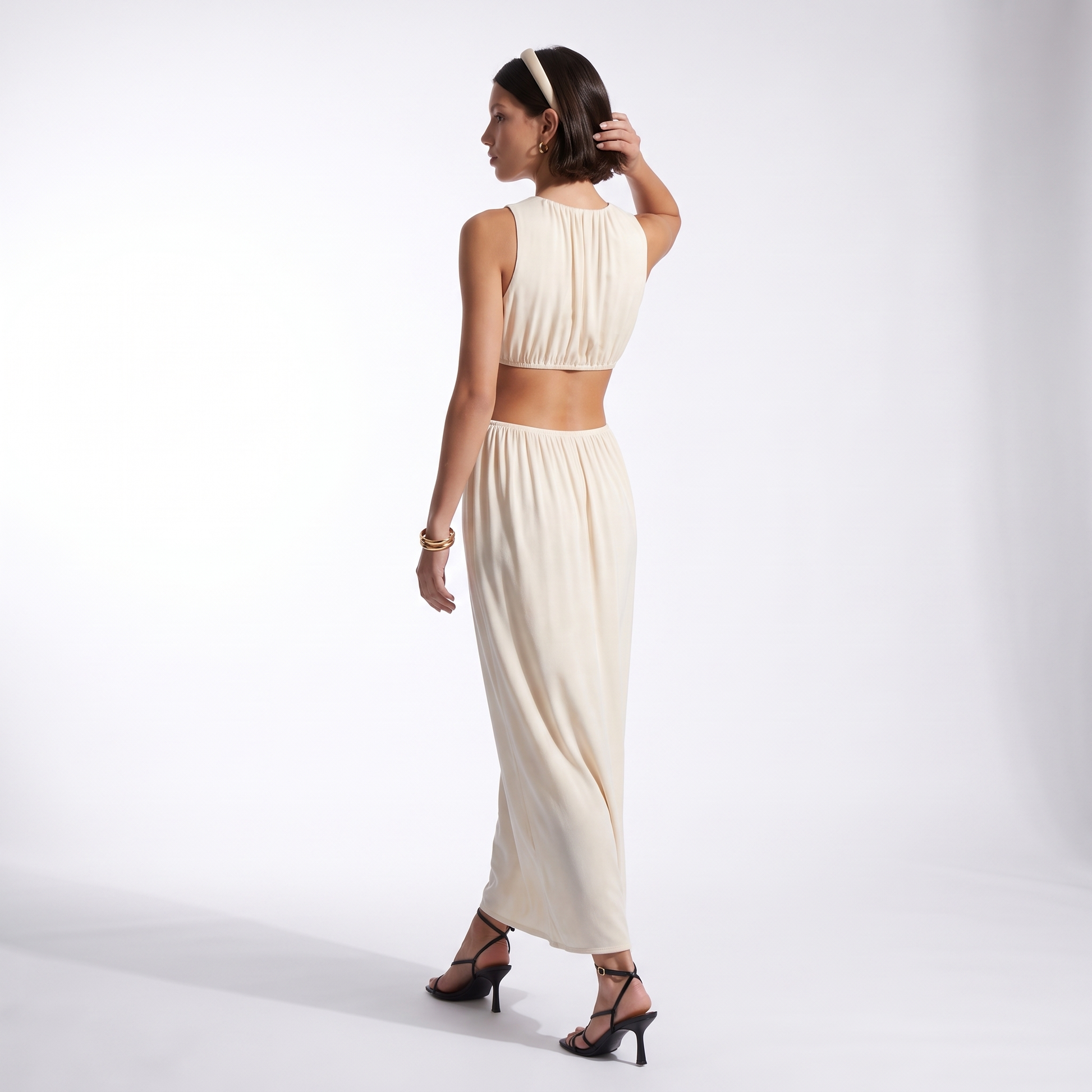 Sunoire summer new women s fashion sexy waist apricot round neck sleeveless solid color dress back view 01