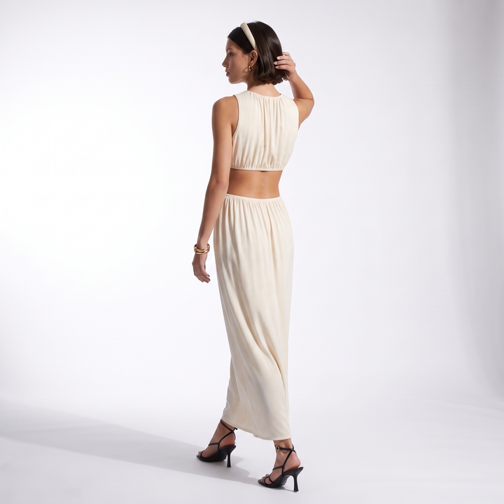 Sunoire summer new women s fashion sexy waist apricot round neck sleeveless solid color dress back view 01
