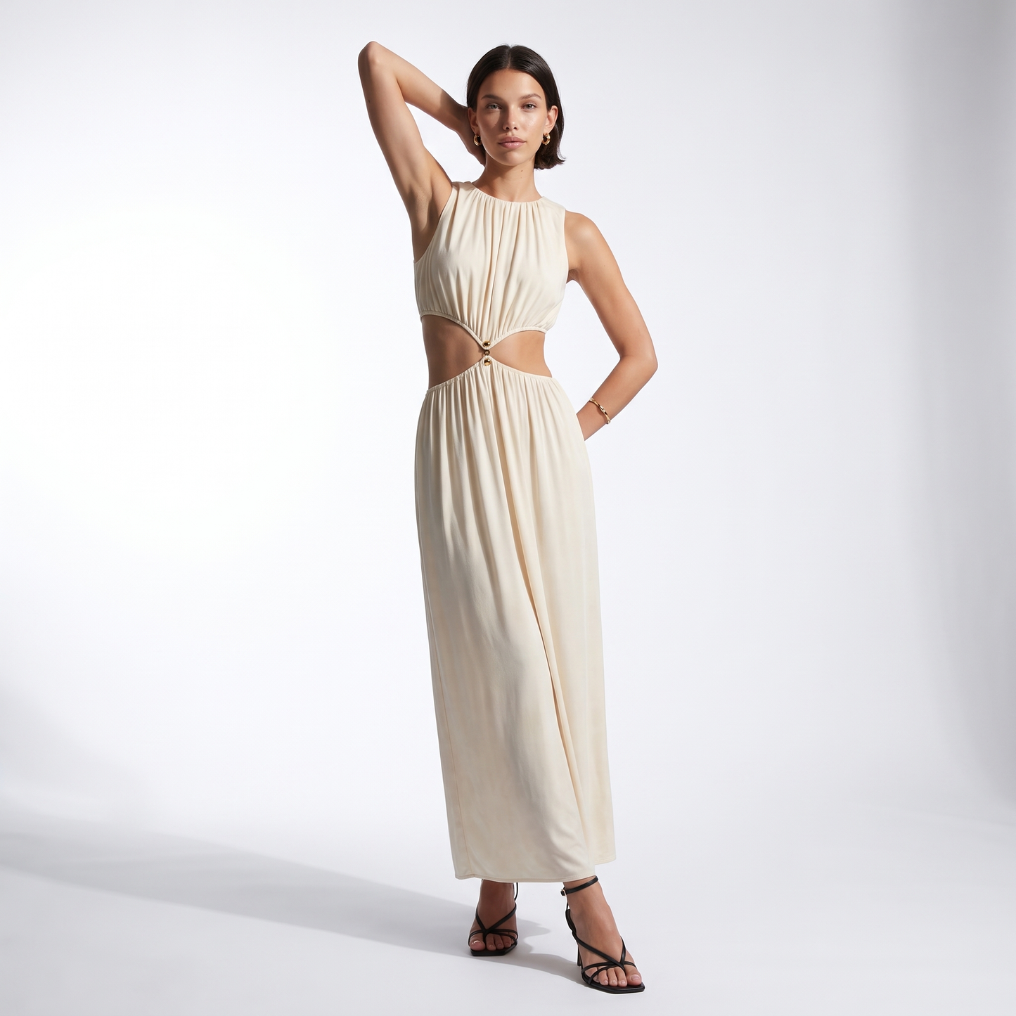 Sunoire summer new women s fashion sexy waist apricot round neck sleeveless solid color dress front hero 01