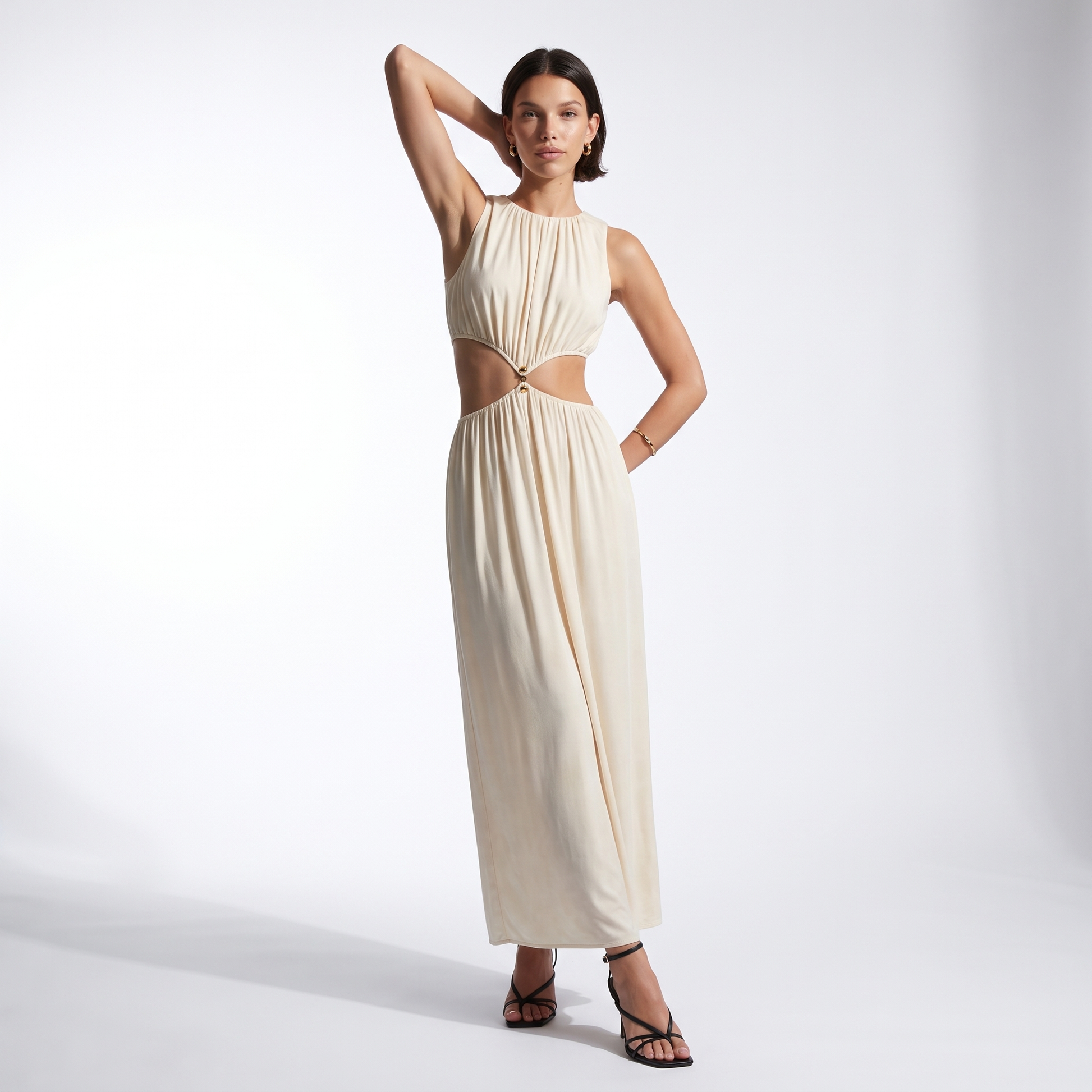 Sunoire summer new women s fashion sexy waist apricot round neck sleeveless solid color dress front hero 01