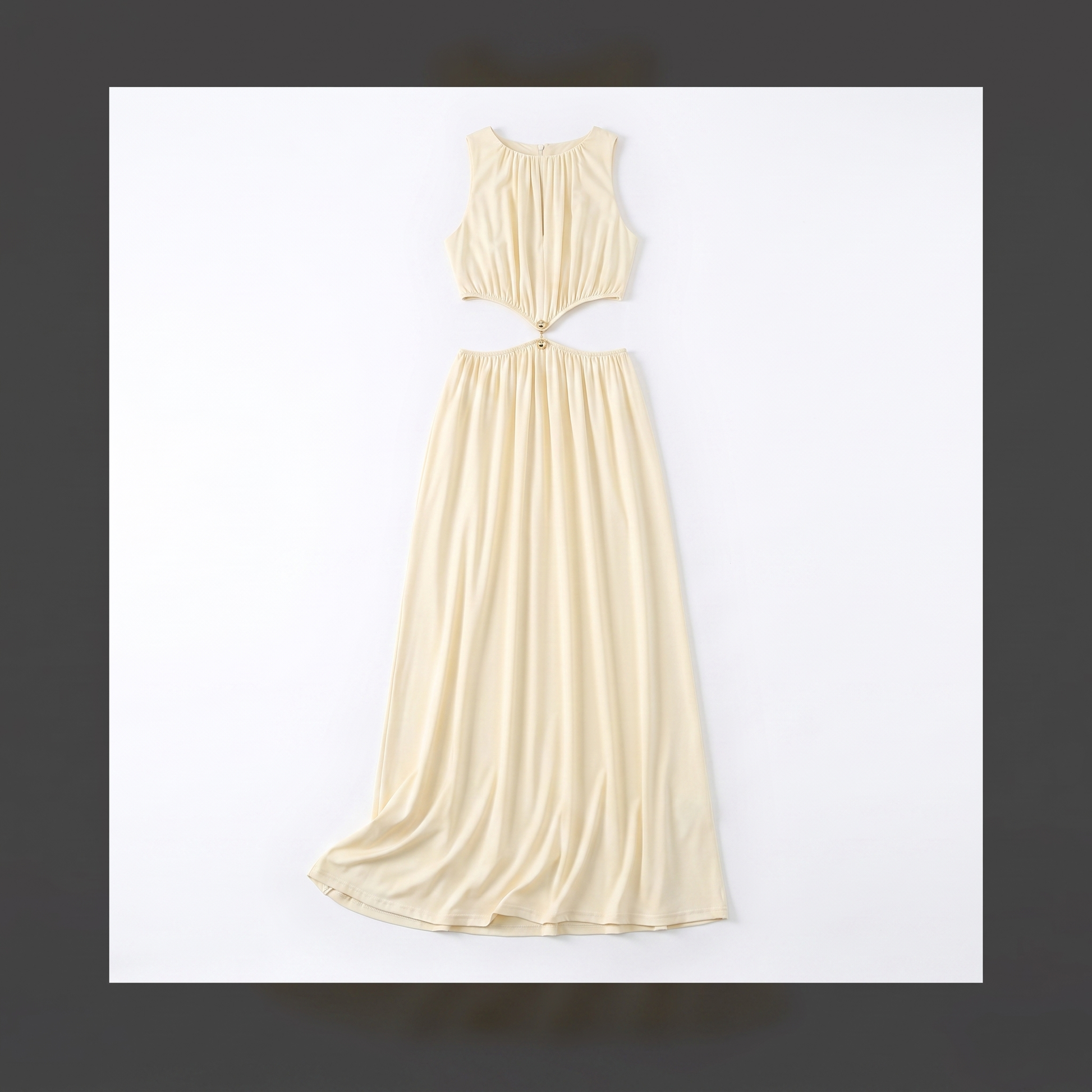 Sunoire summer new women s fashion sexy waist apricot round neck sleeveless solid color dress garment flatlay 01