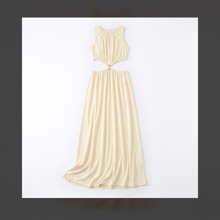 Sunoire summer new women s fashion sexy waist apricot round neck sleeveless solid color dress garment flatlay 01