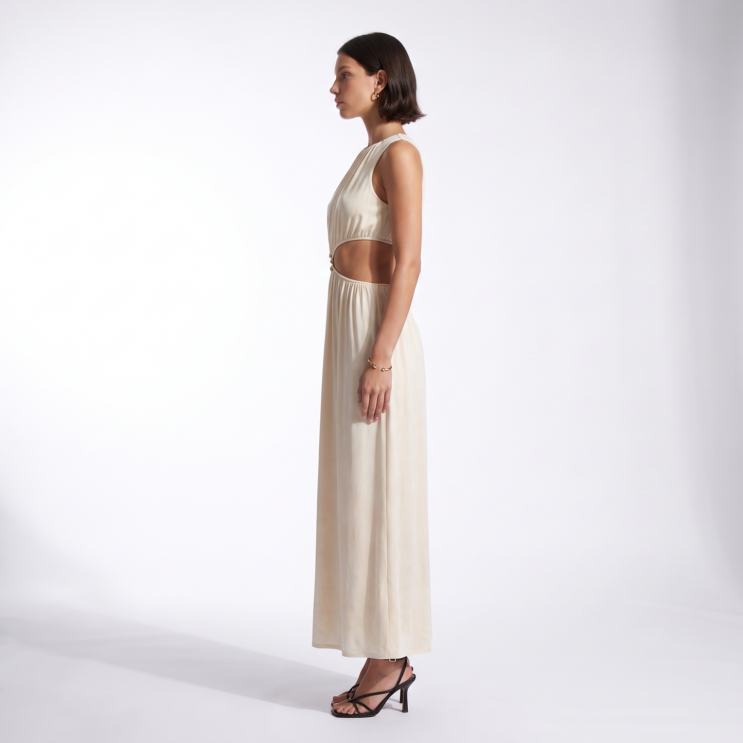 Sunoire summer new women s fashion sexy waist apricot round neck sleeveless solid color dress side view 01