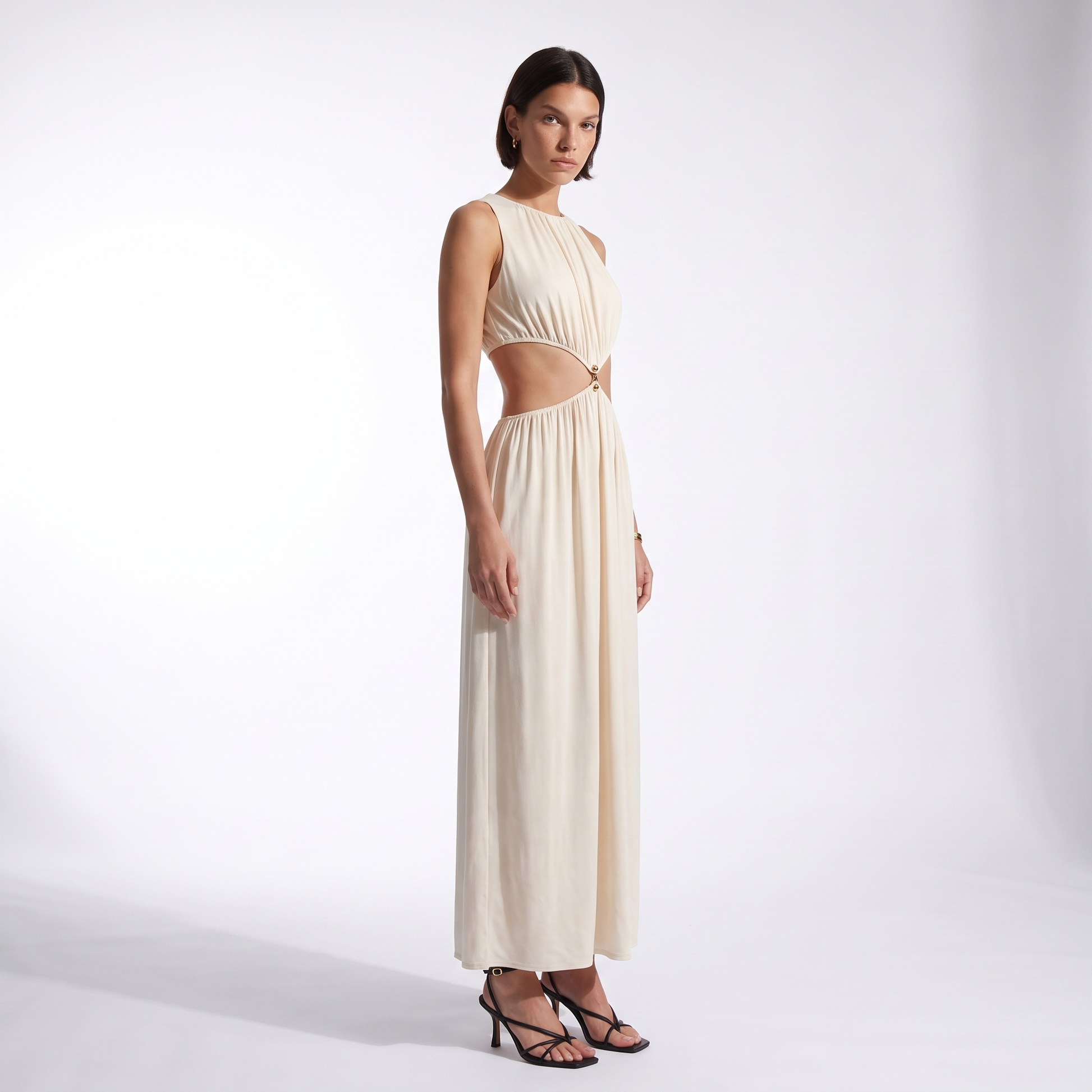 Sunoire summer new women s fashion sexy waist apricot round neck sleeveless solid color dress three quarter 01