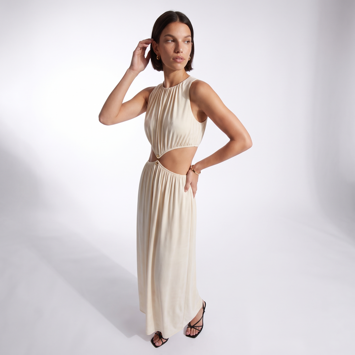 Sunoire summer new women s fashion sexy waist apricot round neck sleeveless solid color dress worn detail 01