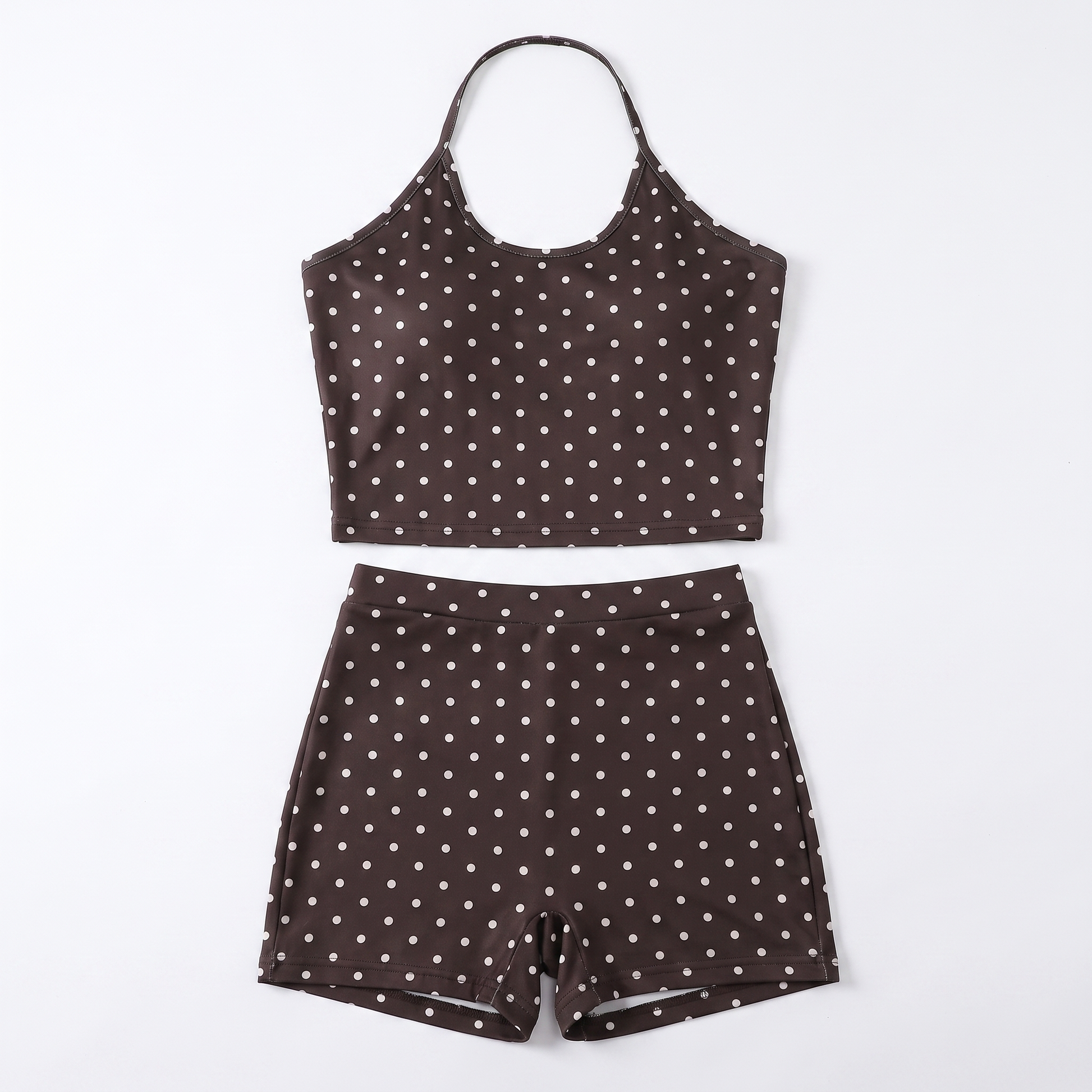 Sunoire summer new womens clothes 2 piece short set fashion halter backless top and low waist shorts set polka dot two piece casual set garment flatlay 01