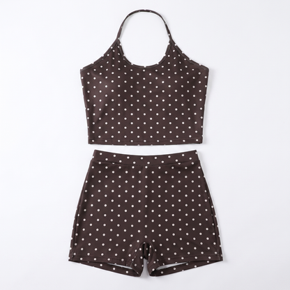 Sunoire summer new womens clothes 2 piece short set fashion halter backless top and low waist shorts set polka dot two piece casual set garment flatlay 01