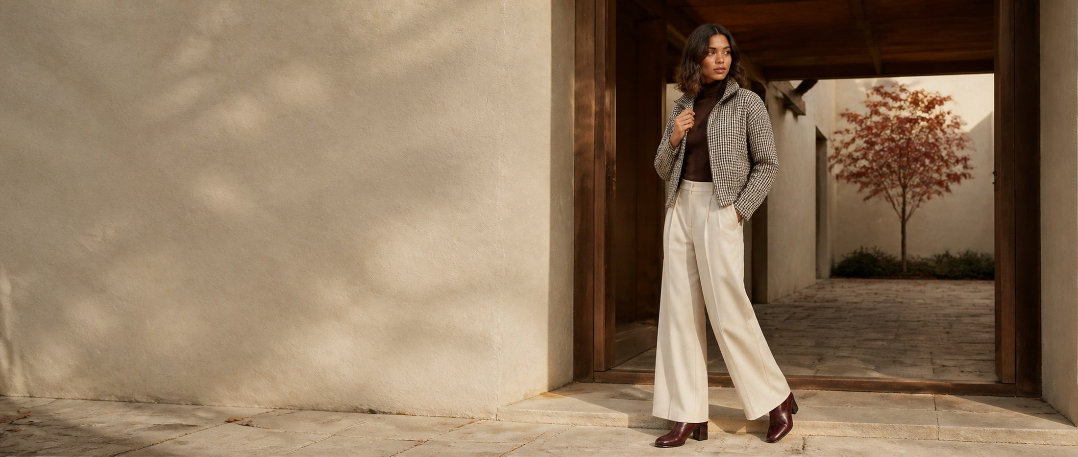 Autumn edit — check jacket, brown turtleneck and wide-leg trousers in warm afternoon light