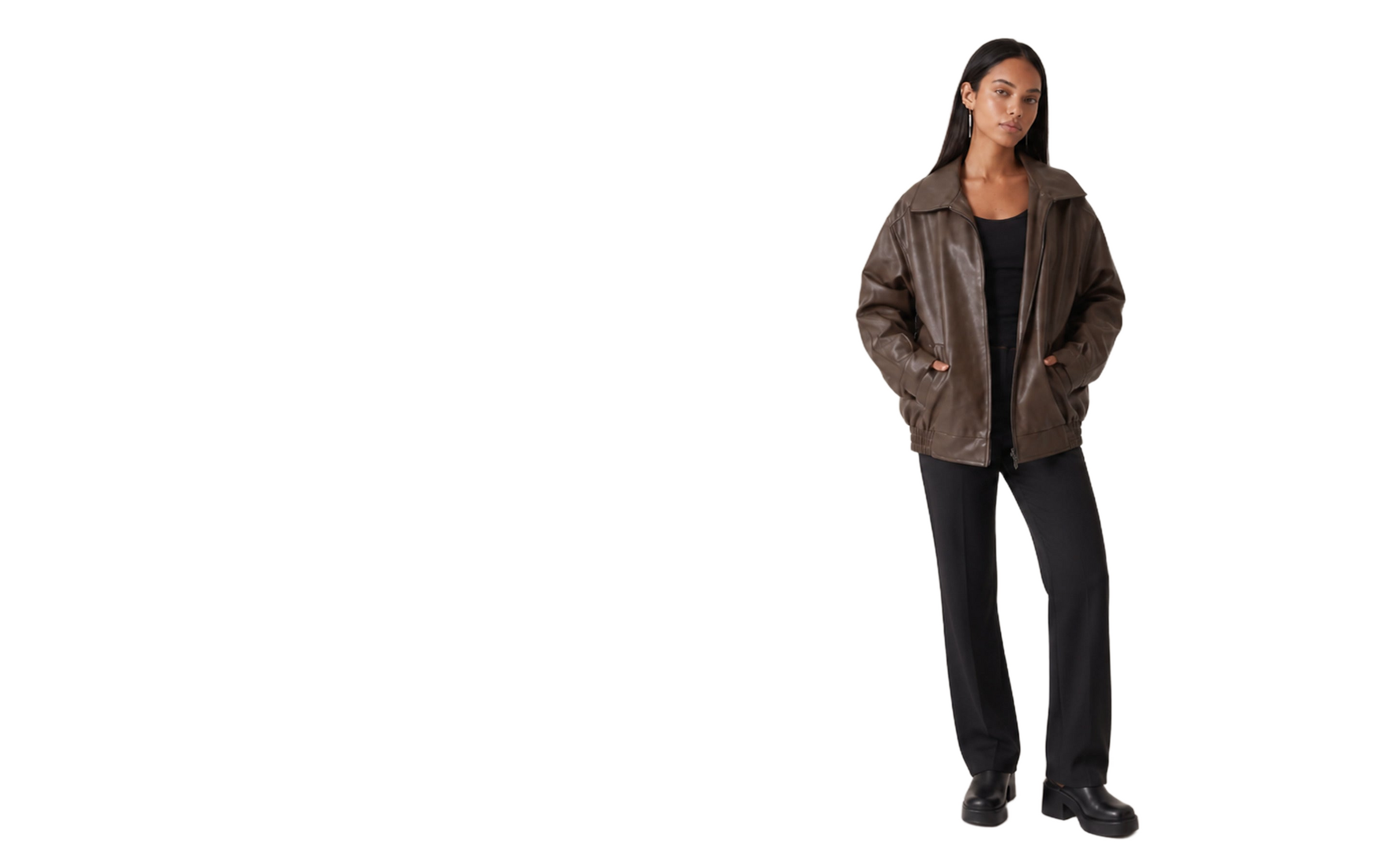 Model in brown leather jacket on a white background