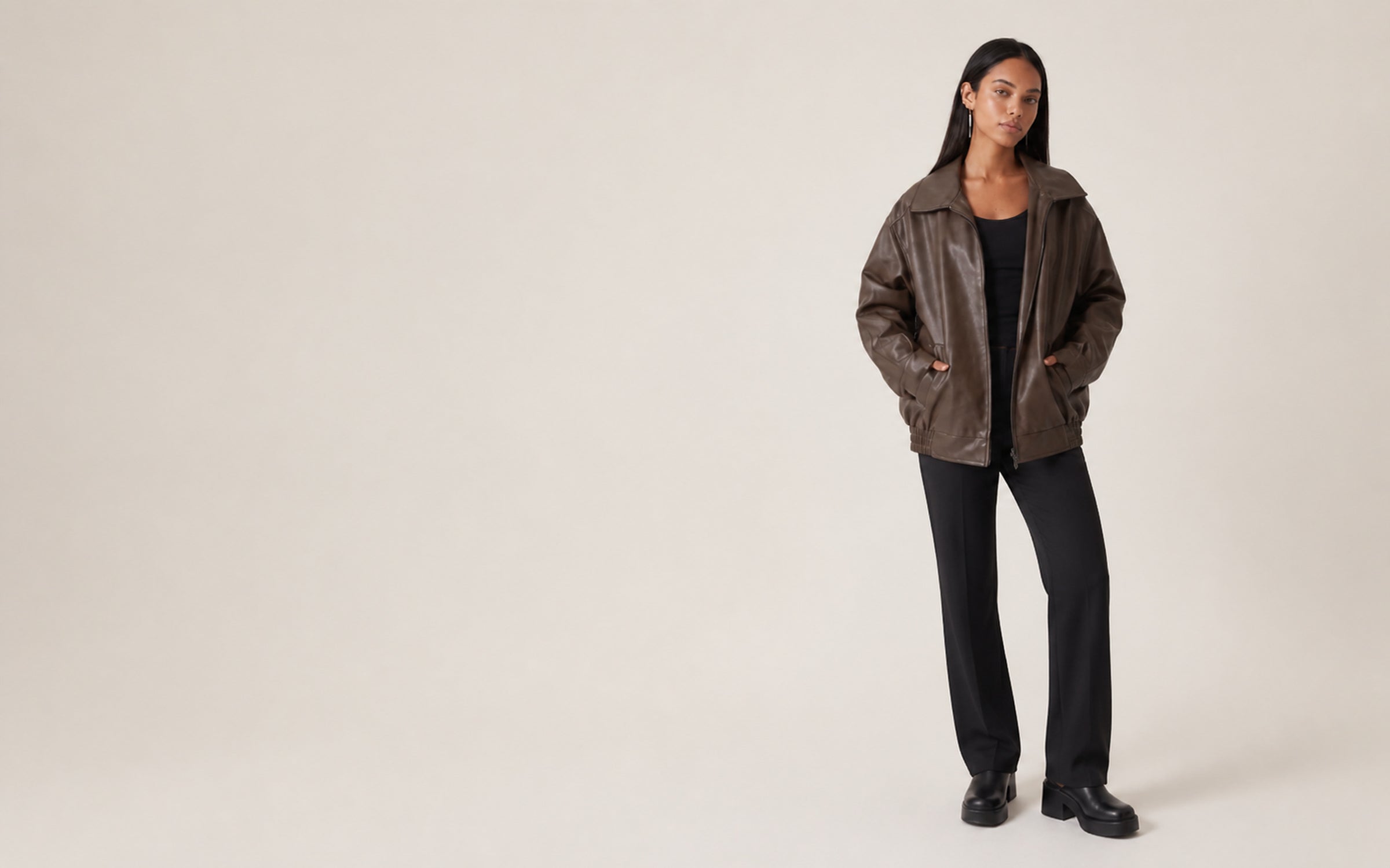 Autumn edit — brown leather bomber, black wide-leg trousers and platform boots