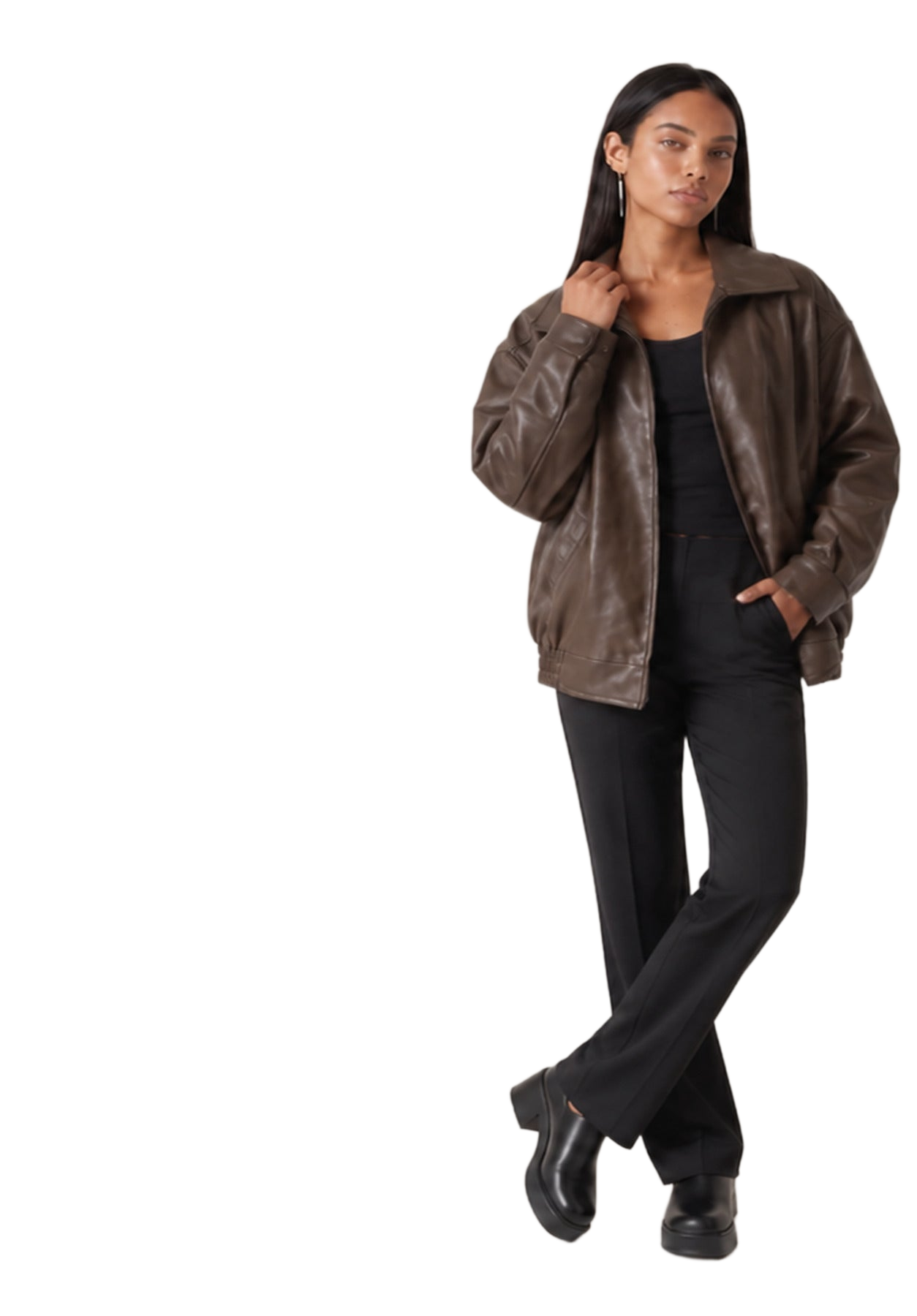 Model in brown leather jacket on a white background