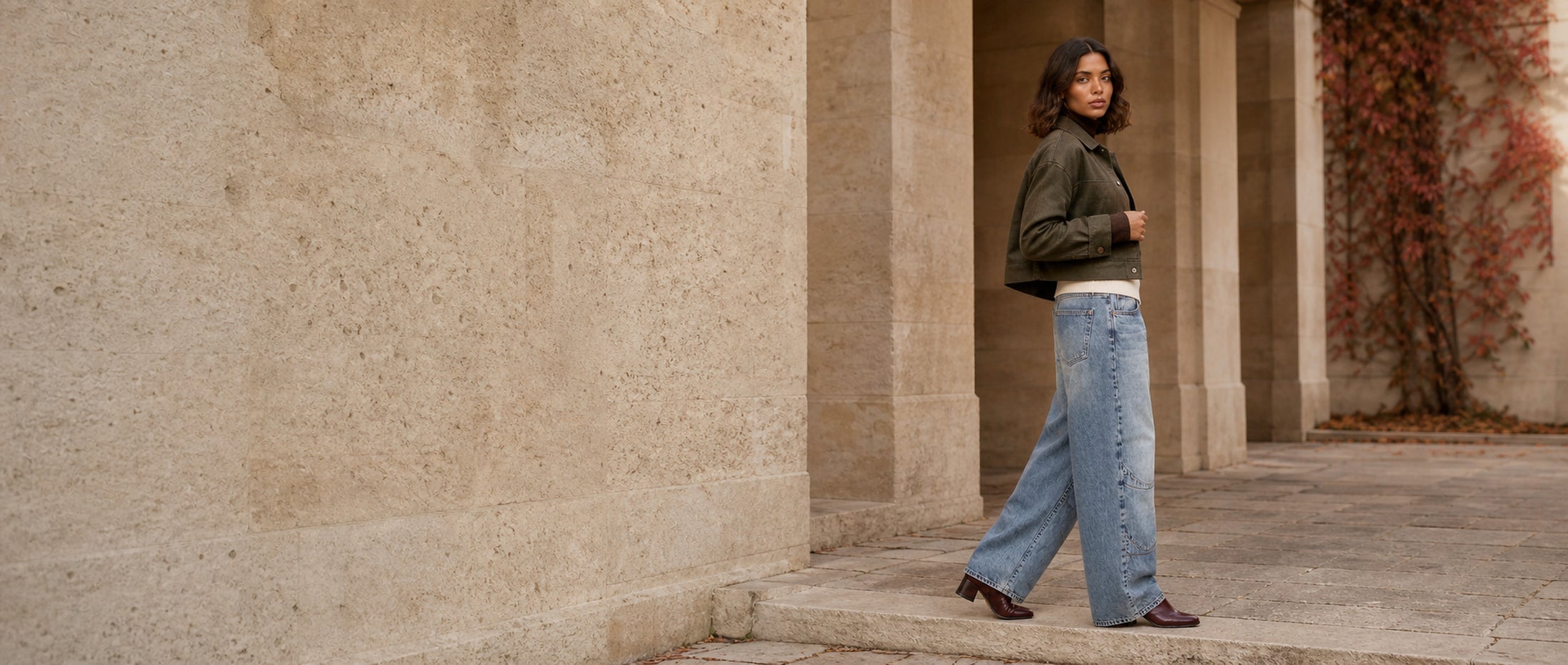 Most wanted — olive utility jacket, baggy denim and burgundy ankle boots